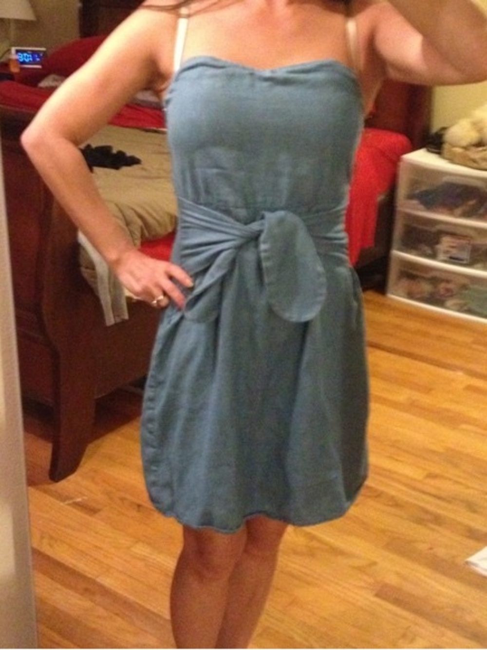 Strapless Blue Tie-Waist Summer Dress